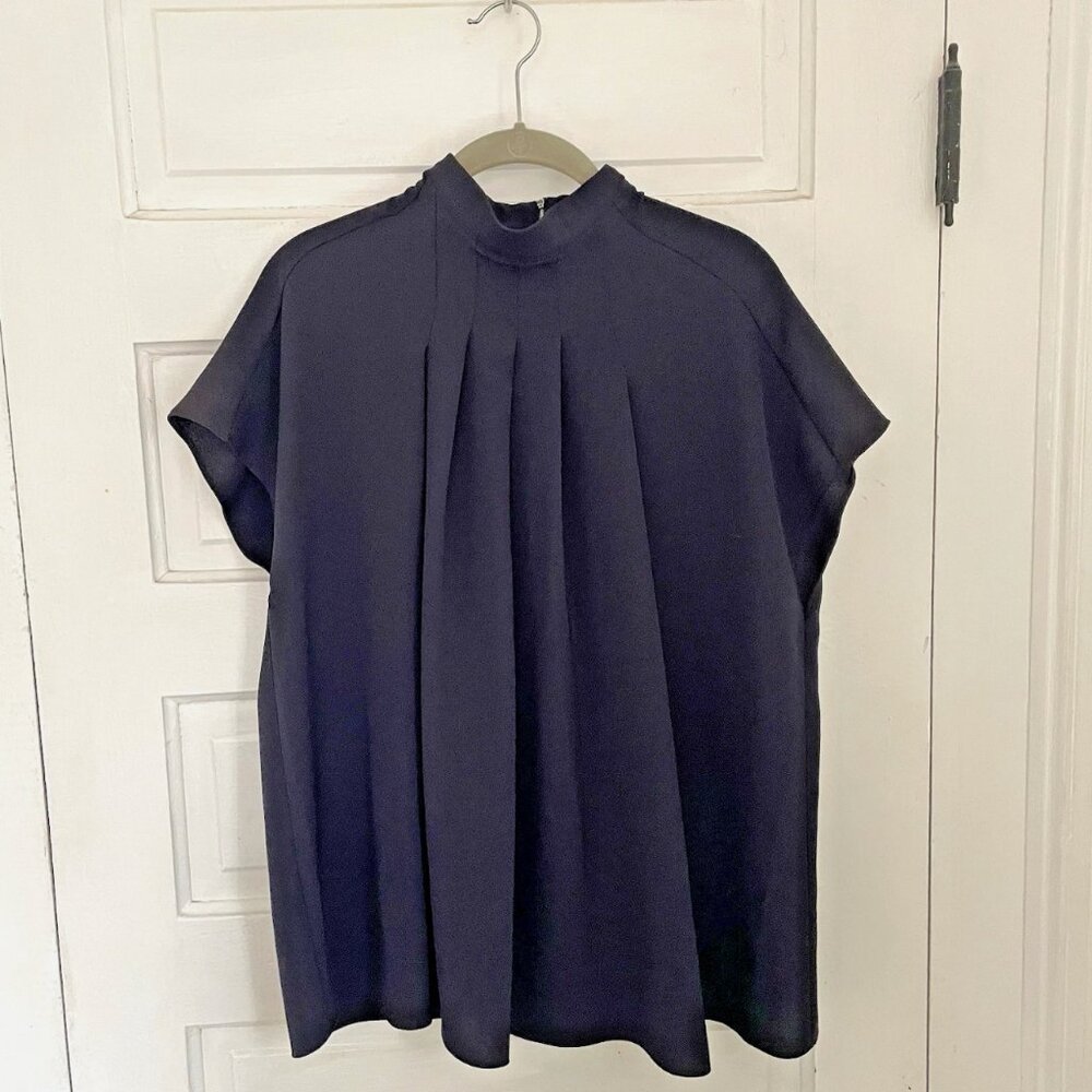 Tibi Navy Esme Pleated Crepe Top Large